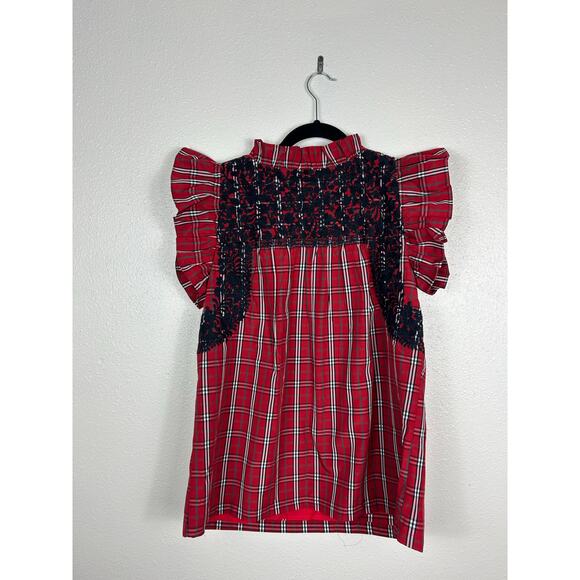 J. Marie Rayna Embroidered Ruffle Plaid Top Small Red Cottage Preppy - Picture 9 of 9
